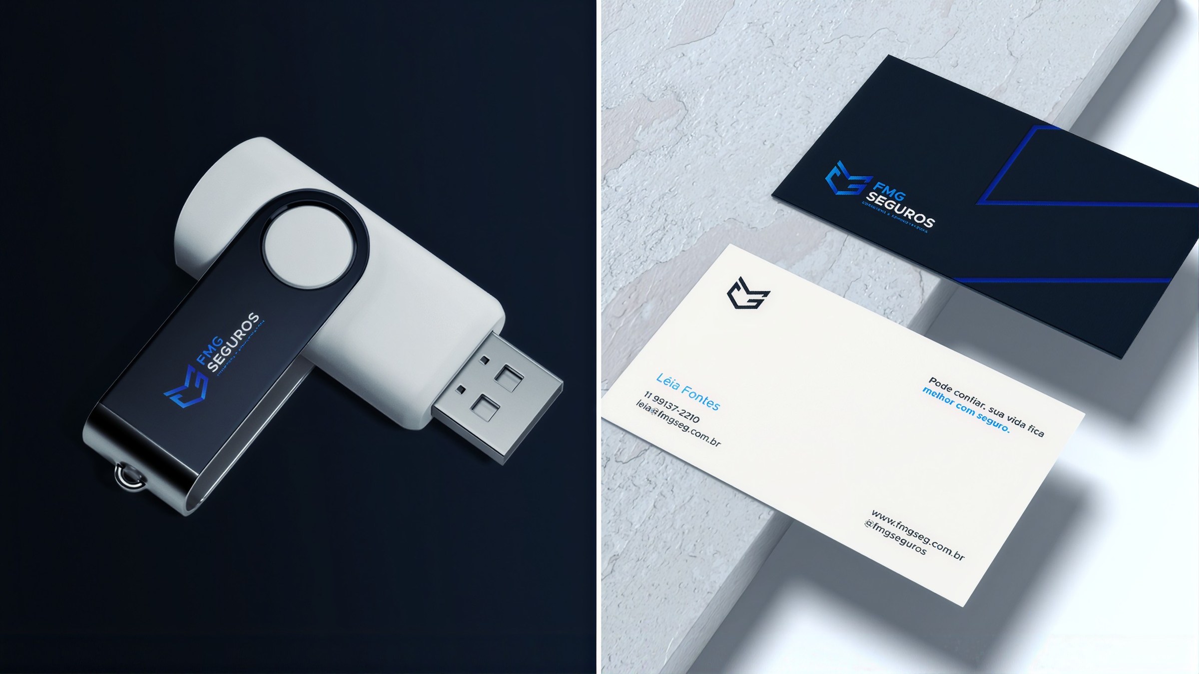Pen drive e cartões de visita da FMG Seguros