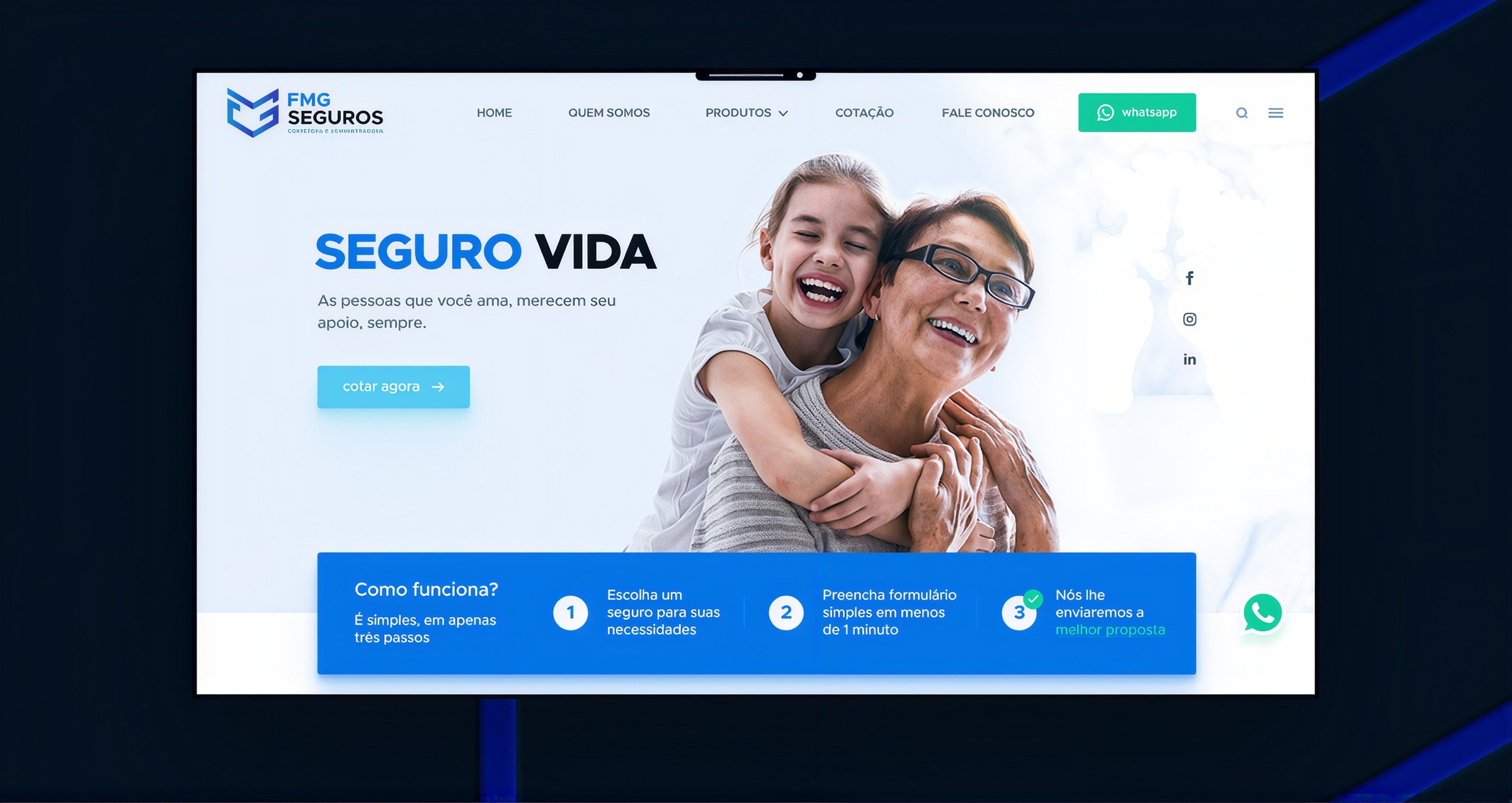 Home do site da FMG Seguros com o seguro de vida em destaque