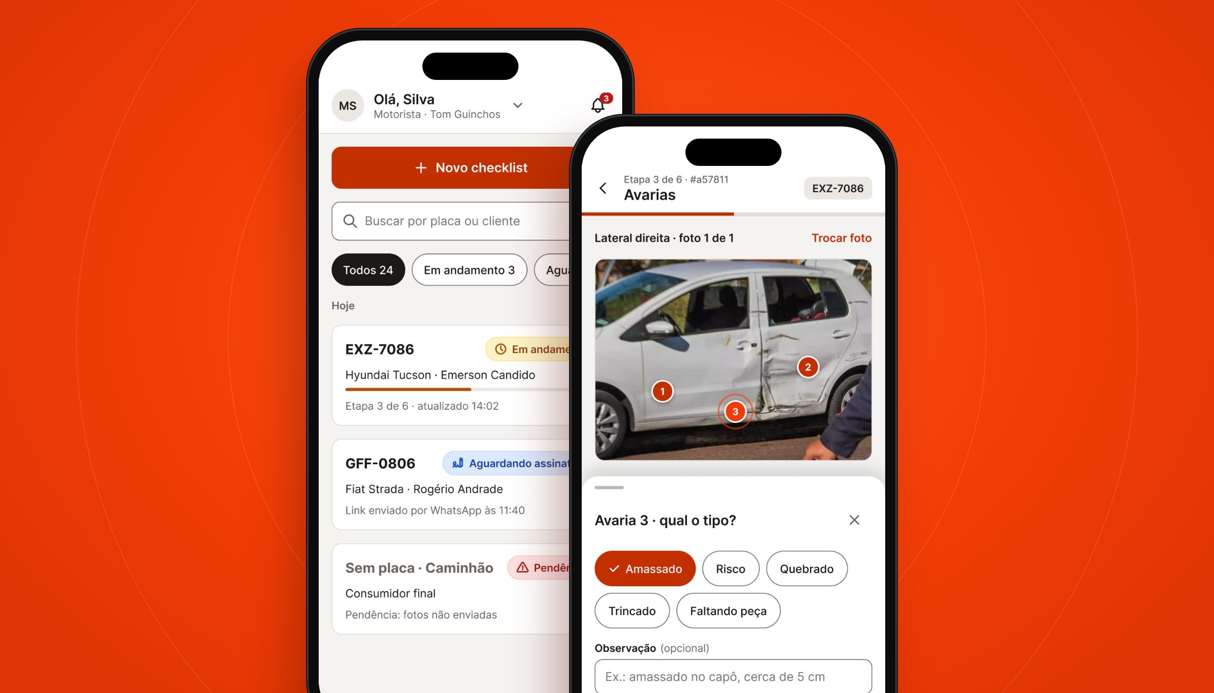 App Guinchaí no celular: lista de checklists e marcação de avarias sobre a foto do veículo