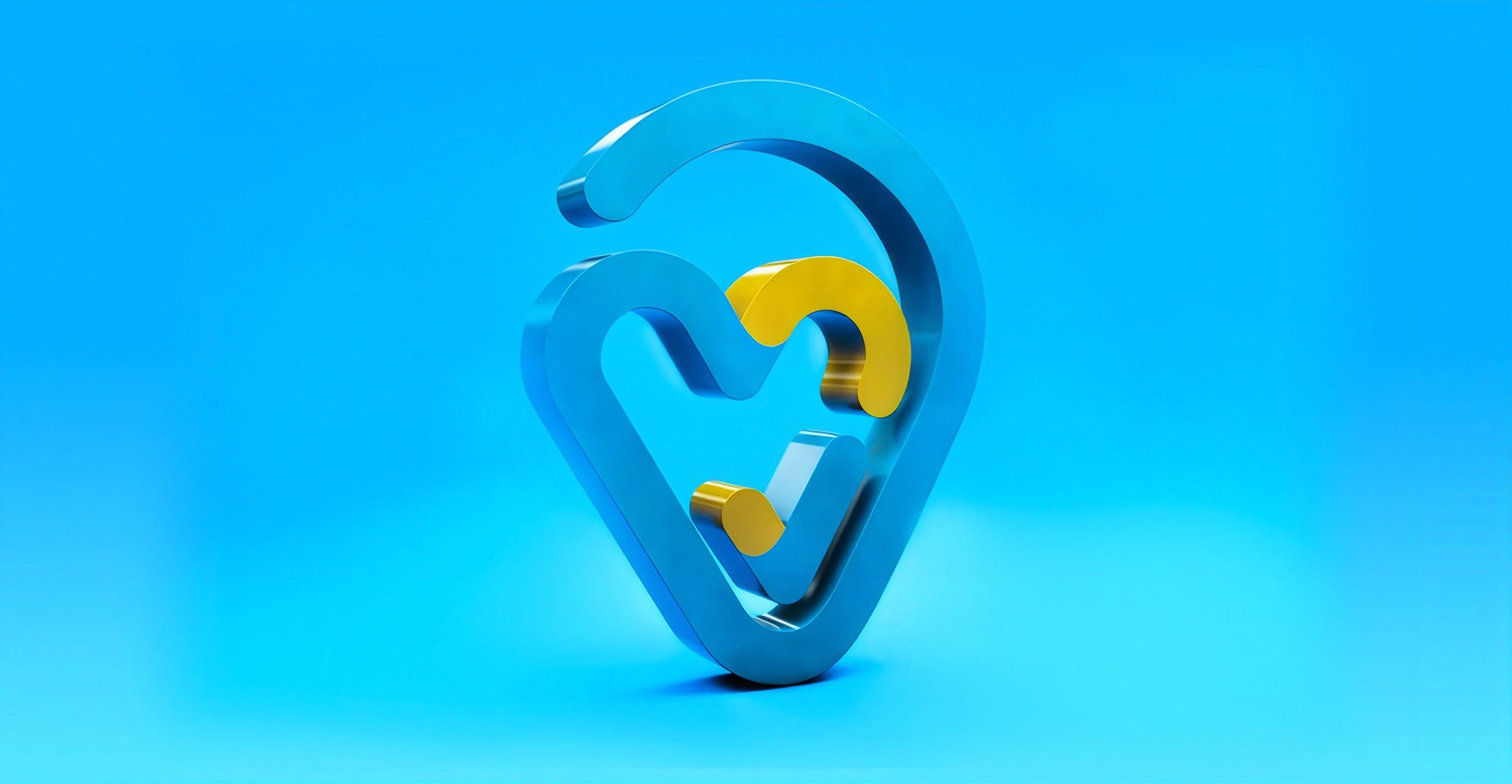 Símbolo da MedSelect em 3D: coração, pin de localização e sinal de visto